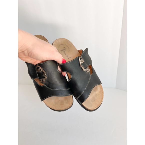 THINK! Women's Black Nappa Leather Cork Wedge Mizzi Slide Sandals size 36/US 5 - Picture 9 of 9